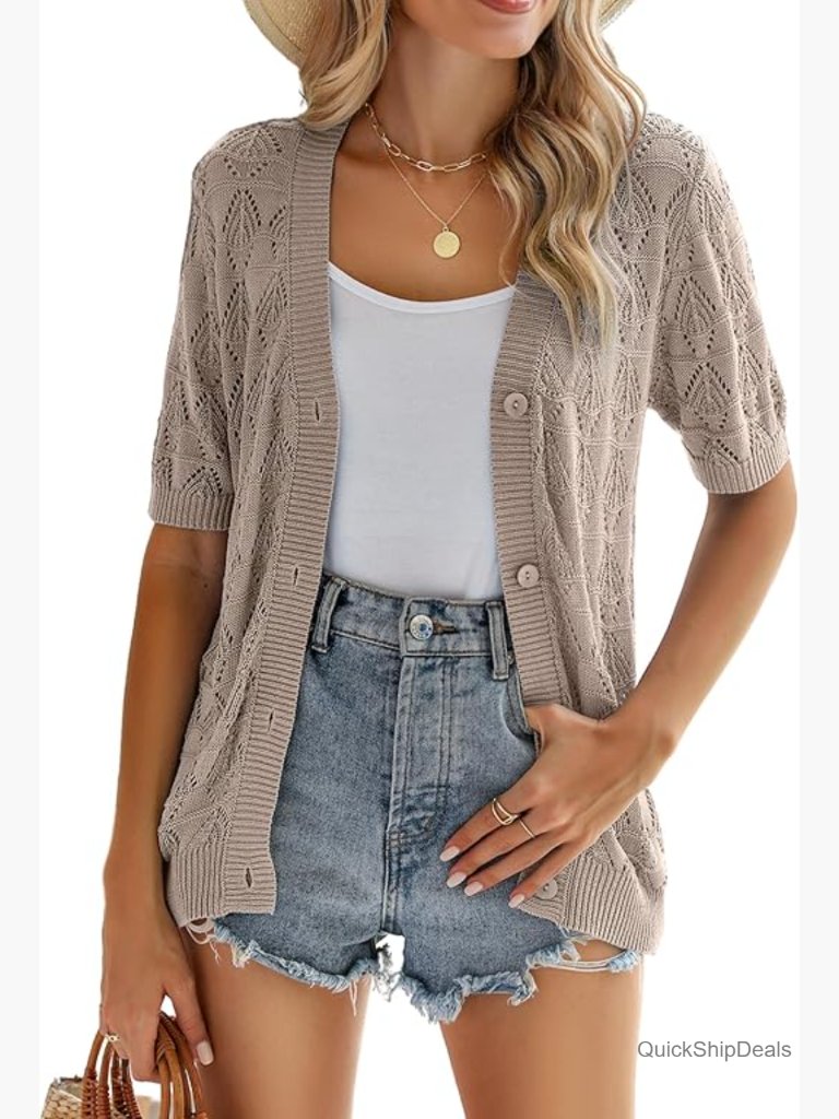 Crochet Cropped Cardigan V Neck Button Up Bolero Shrug Sweater